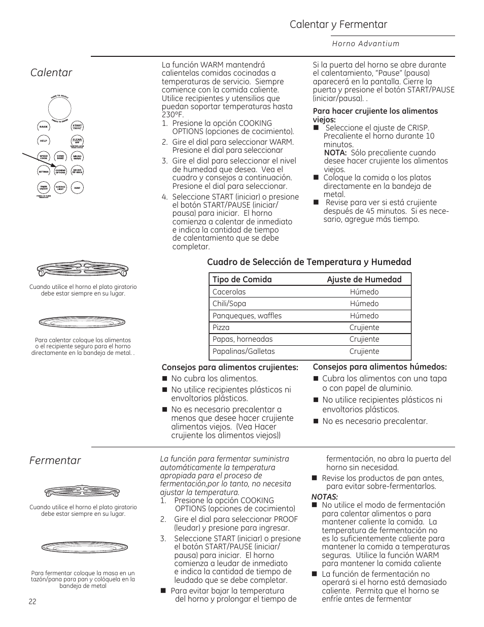 Calentar y fermentar, Calentar, Fermentar | Cuadro de selección de temperatura y humedad, Consejos para alimentos crujientes, No cubra los alimentos, Consejos para alimentos húmedos, No es necesario precalentar | GE ZSA2201 User Manual | Page 62 / 80