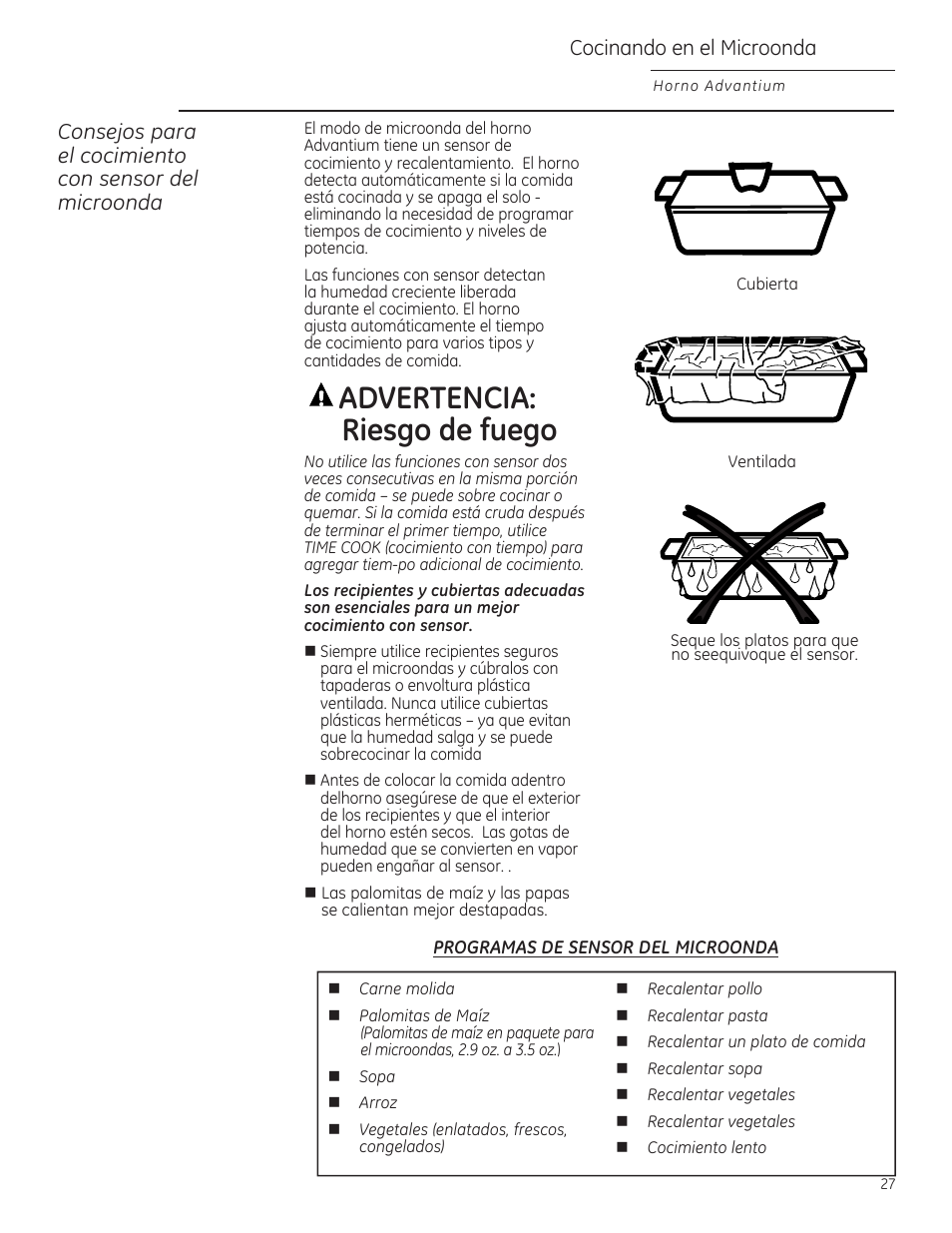 Advertencia: riesgo de fuego, Cocinando en el microonda | GE ZSA2201 User Manual | Page 67 / 80
