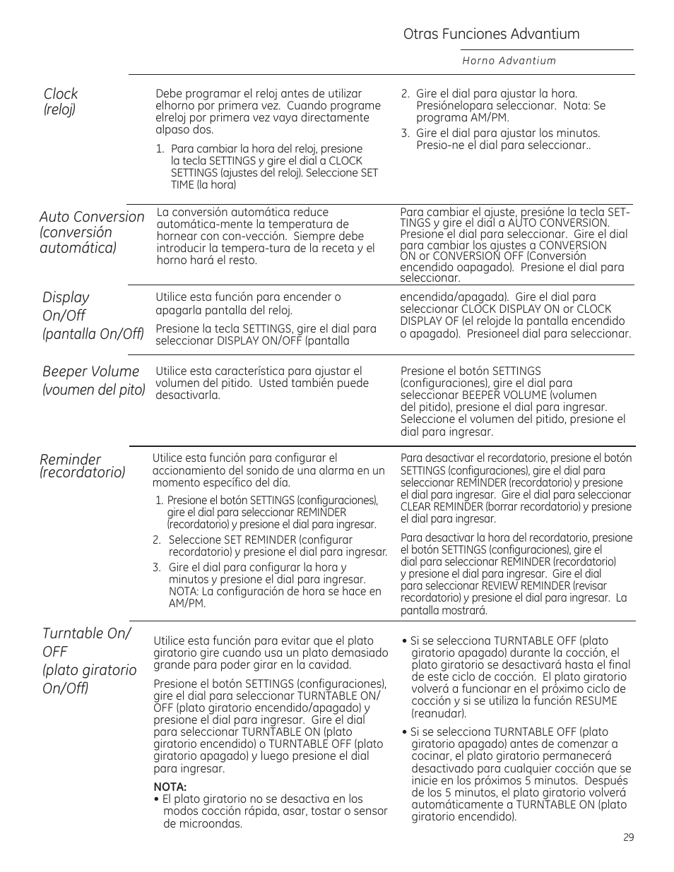 Otras funciones advantium, Display on/off (pantalla on/off) | GE ZSA2201 User Manual | Page 69 / 80