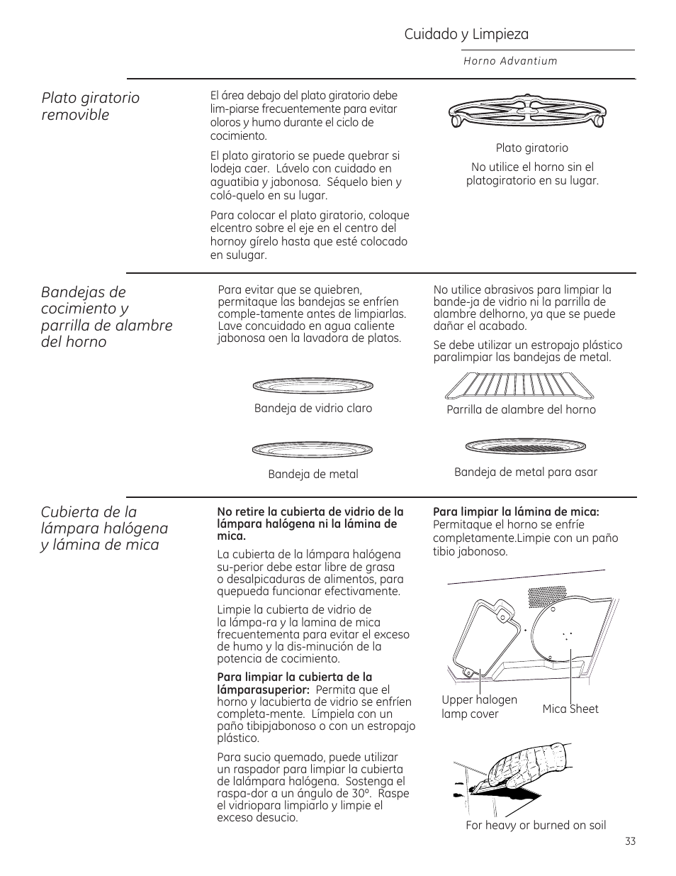 Plato giratorio removible, Cuidado y limpieza, Cubierta de la lámpara halógena y lámina de mica | GE ZSA2201 User Manual | Page 73 / 80