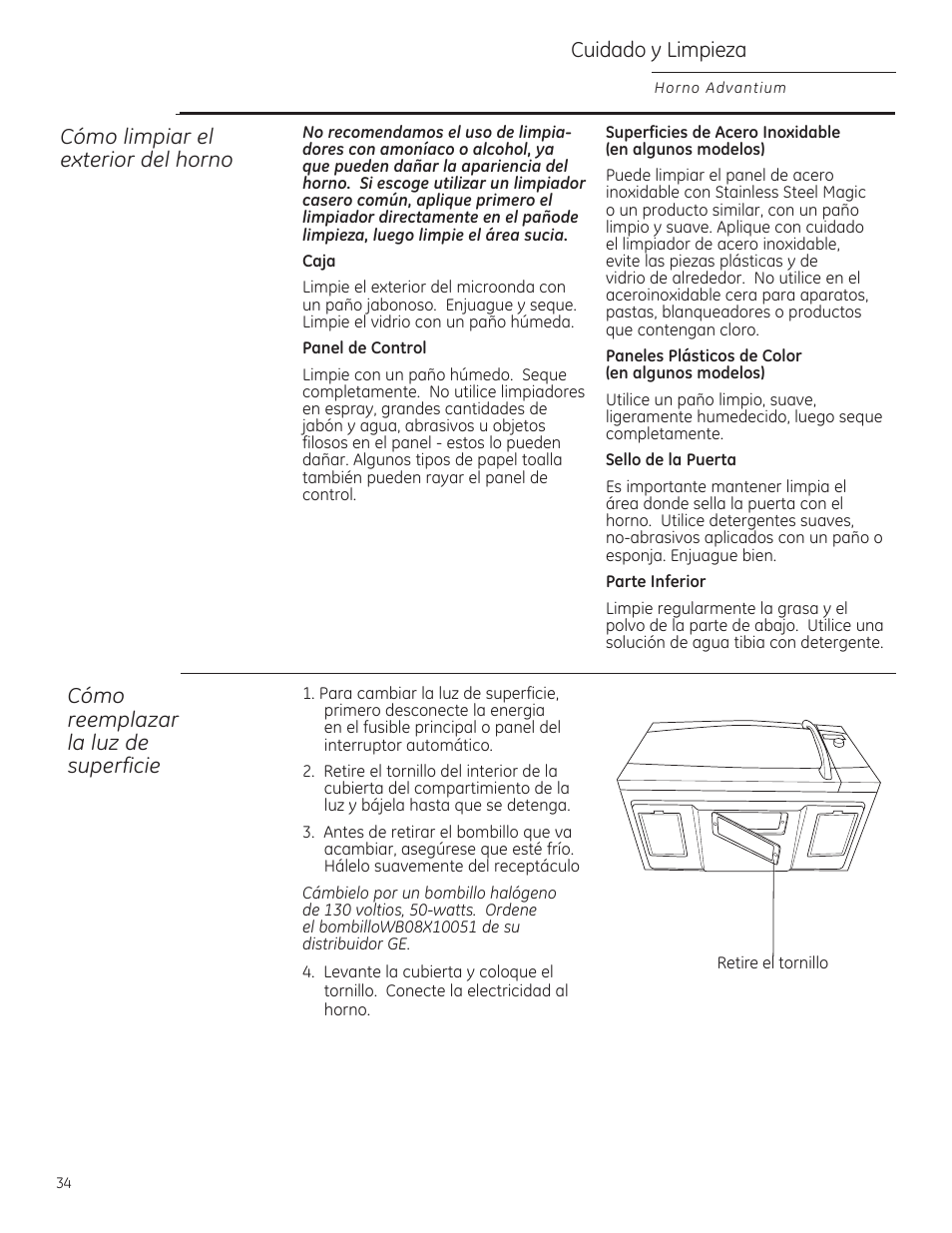 Cuidado y limpieza, Cómo reemplazar la luz de superficie, Cómo limpiar el exterior del horno | GE ZSA2201 User Manual | Page 74 / 80