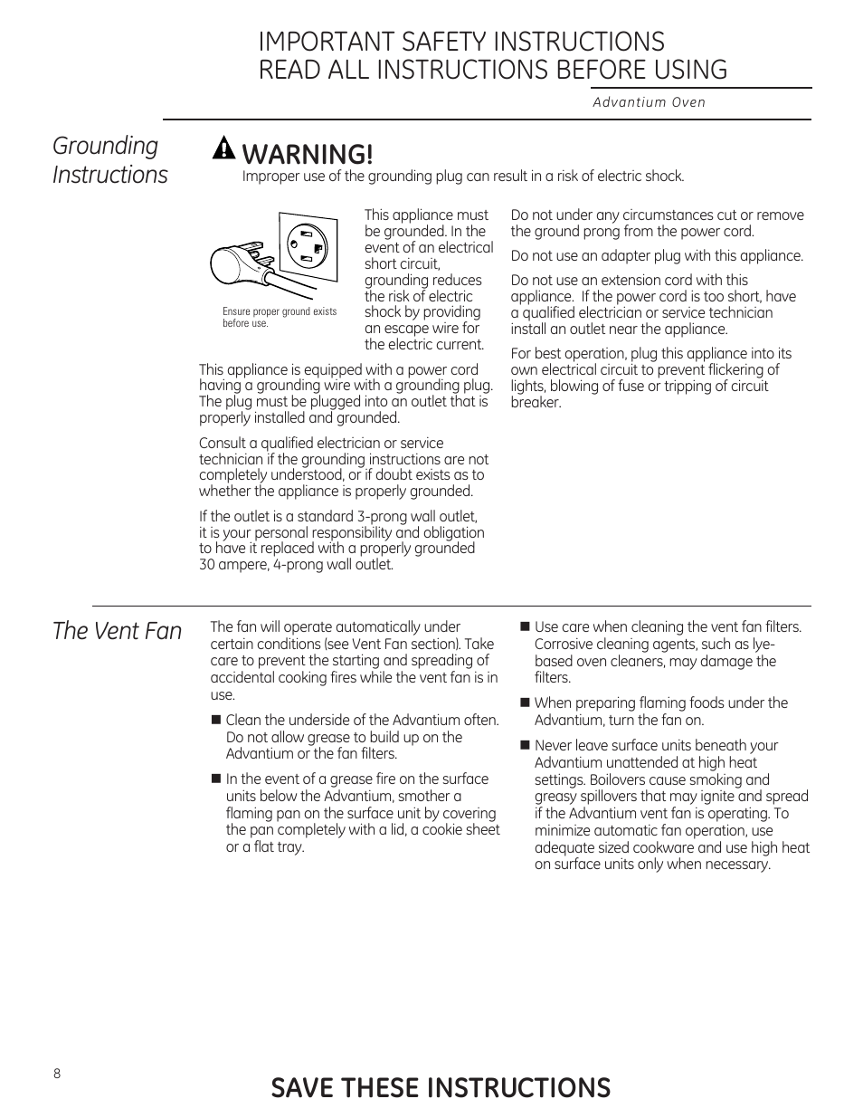 Warning, Save these instructions, Grounding instructions the vent fan | GE ZSA2201 User Manual | Page 8 / 80
