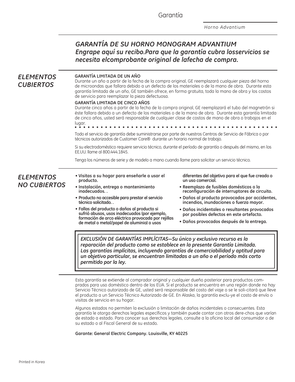 Garantía, Elementos no cubiertos | GE ZSA2201 User Manual | Page 80 / 80