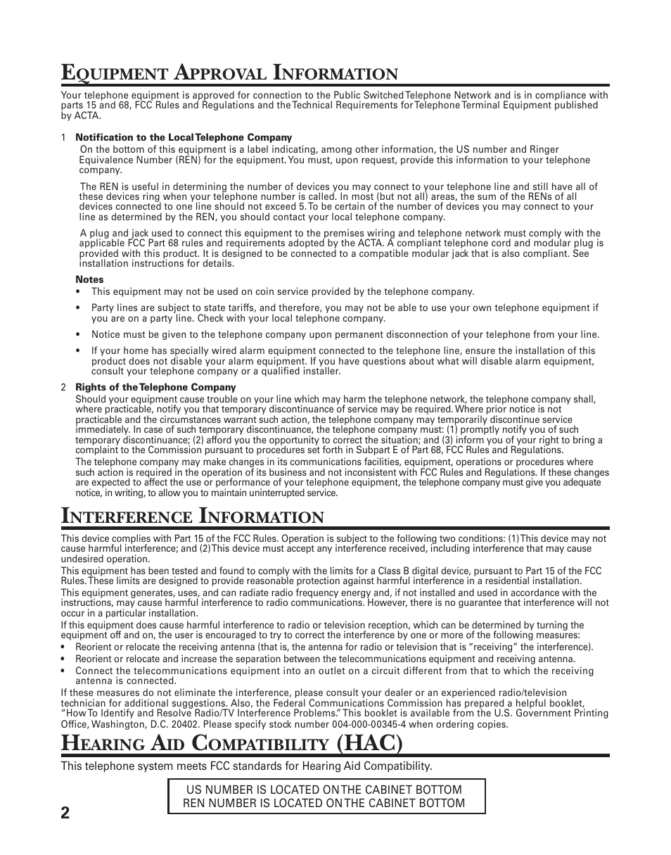 Hac), Quipment, Pproval | Nformation, Nterference, Earing, Ompatibility | GE 27958 User Manual | Page 2 / 96