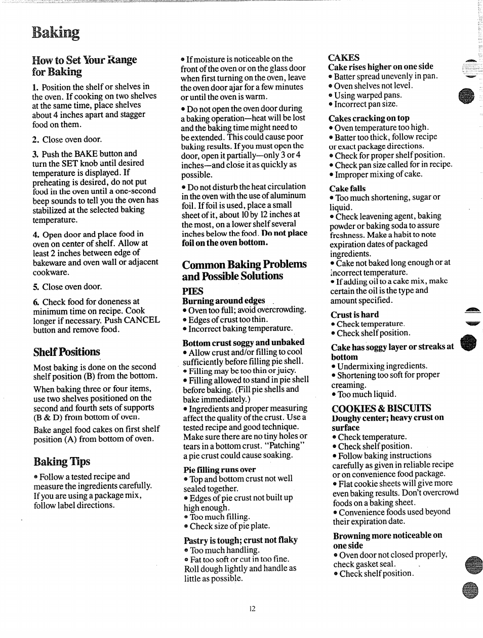 How to set yoer range for baking, Shelf positions, Baking tips | Common baking problems and fbssible solutions, Pies, Cakes | GE 49-4992 User Manual | Page 12 / 28