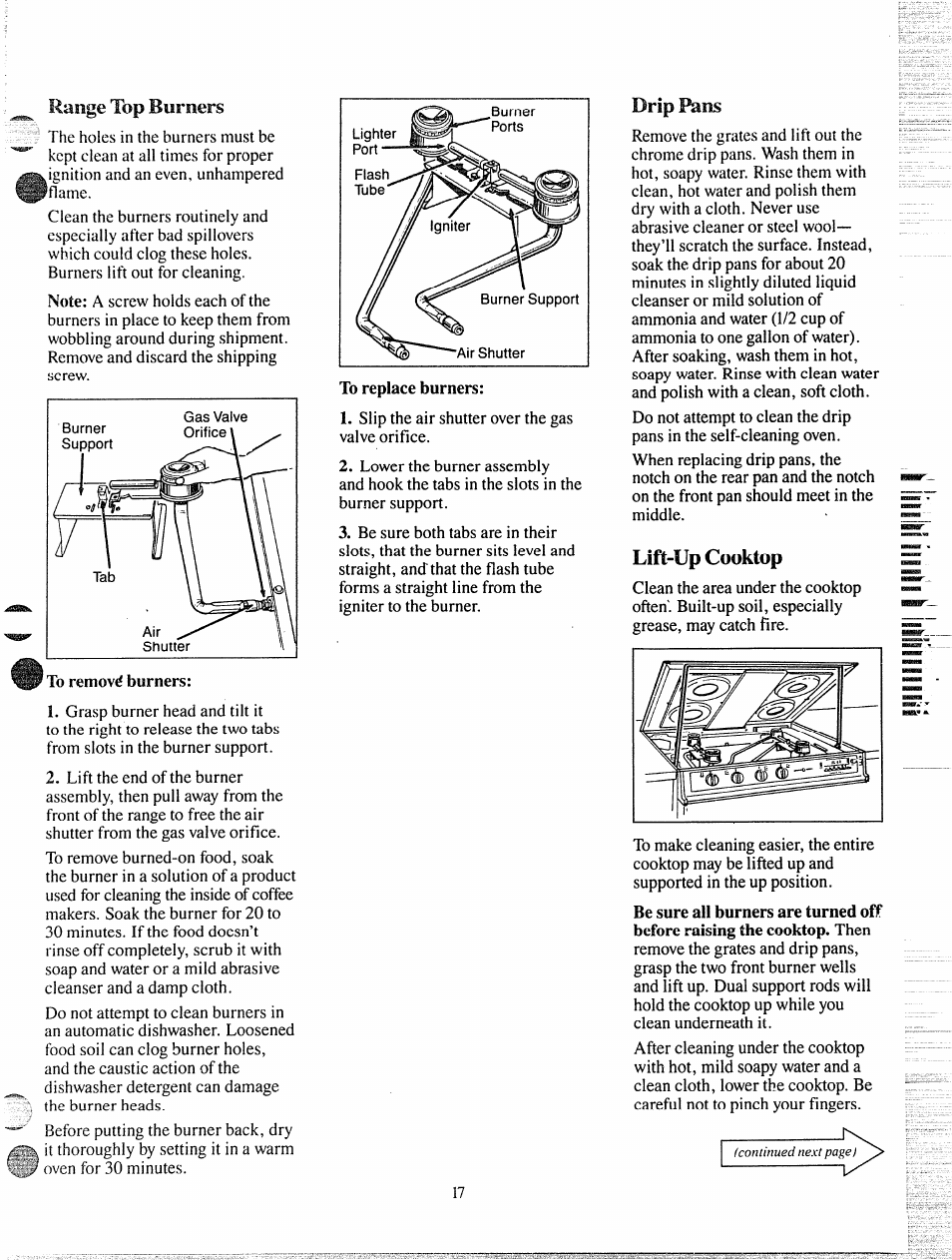 Lift-up cooktop, Range top burners, Drip p^ns | GE 49-4992 User Manual | Page 17 / 28