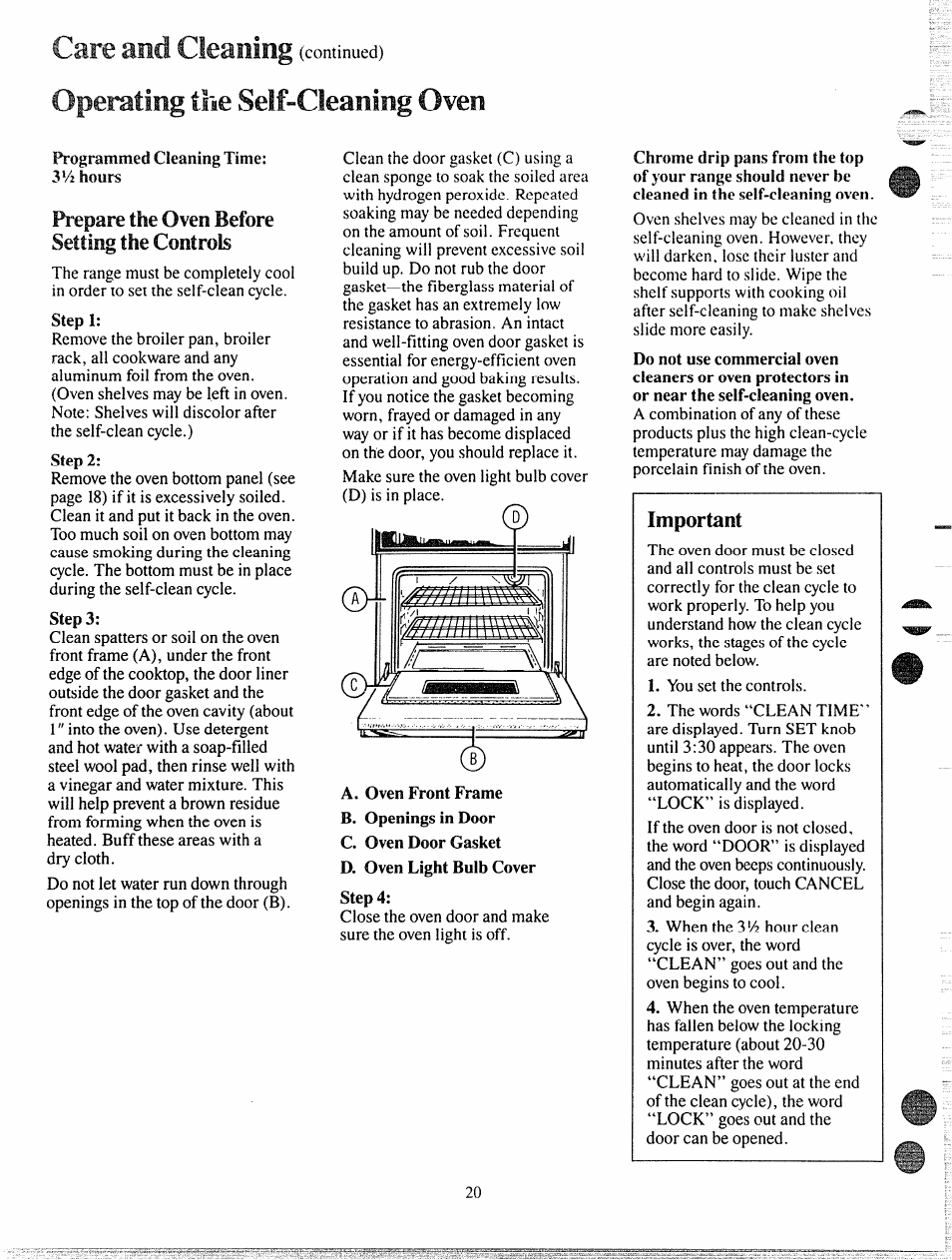 Prepare the oven before setting the controls, Important, Operating | Саге and cleaning, The self-cleaning oven | GE 49-4992 User Manual | Page 20 / 28