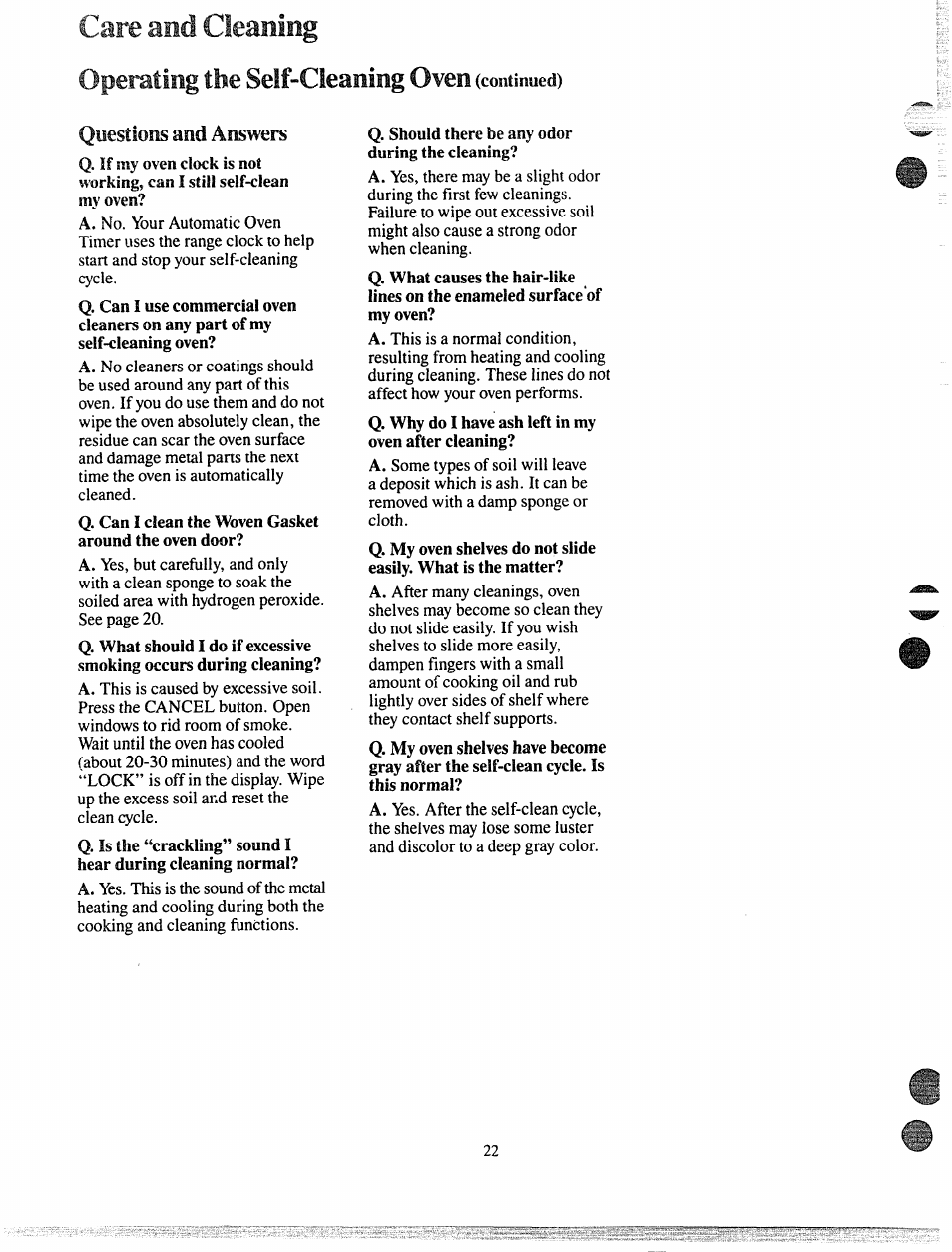 Questions ana answers, Саге and cleaning, Operating the self-cleaning oven | GE 49-4992 User Manual | Page 22 / 28