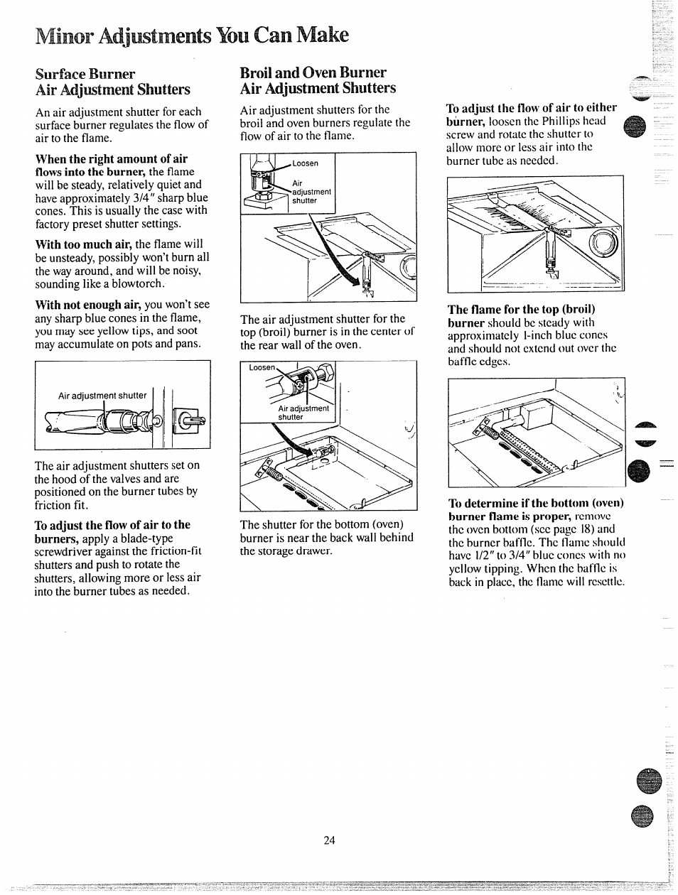 Surface burner air adjustment shutters, Broil and oven burner air adjustment shutters | GE 49-4992 User Manual | Page 24 / 28