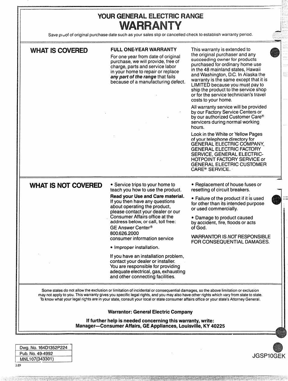 Jgsp10gek, Warranty, Your general electric range | What is covered, What is not covered, 1 f v ^ u i o | GE 49-4992 User Manual | Page 28 / 28