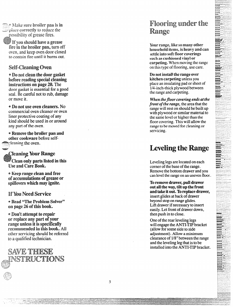 Flooring under the range, Leveling the rai^e, Self-cleaeing oven | If ¥>u need service | GE 49-4992 User Manual | Page 5 / 28