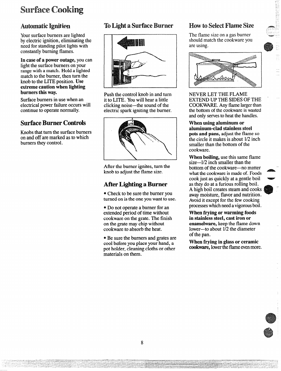 Aiiiomatic igmiton, Surface burner controis, After lighting a burner | Surface cooking | GE 49-4992 User Manual | Page 8 / 28