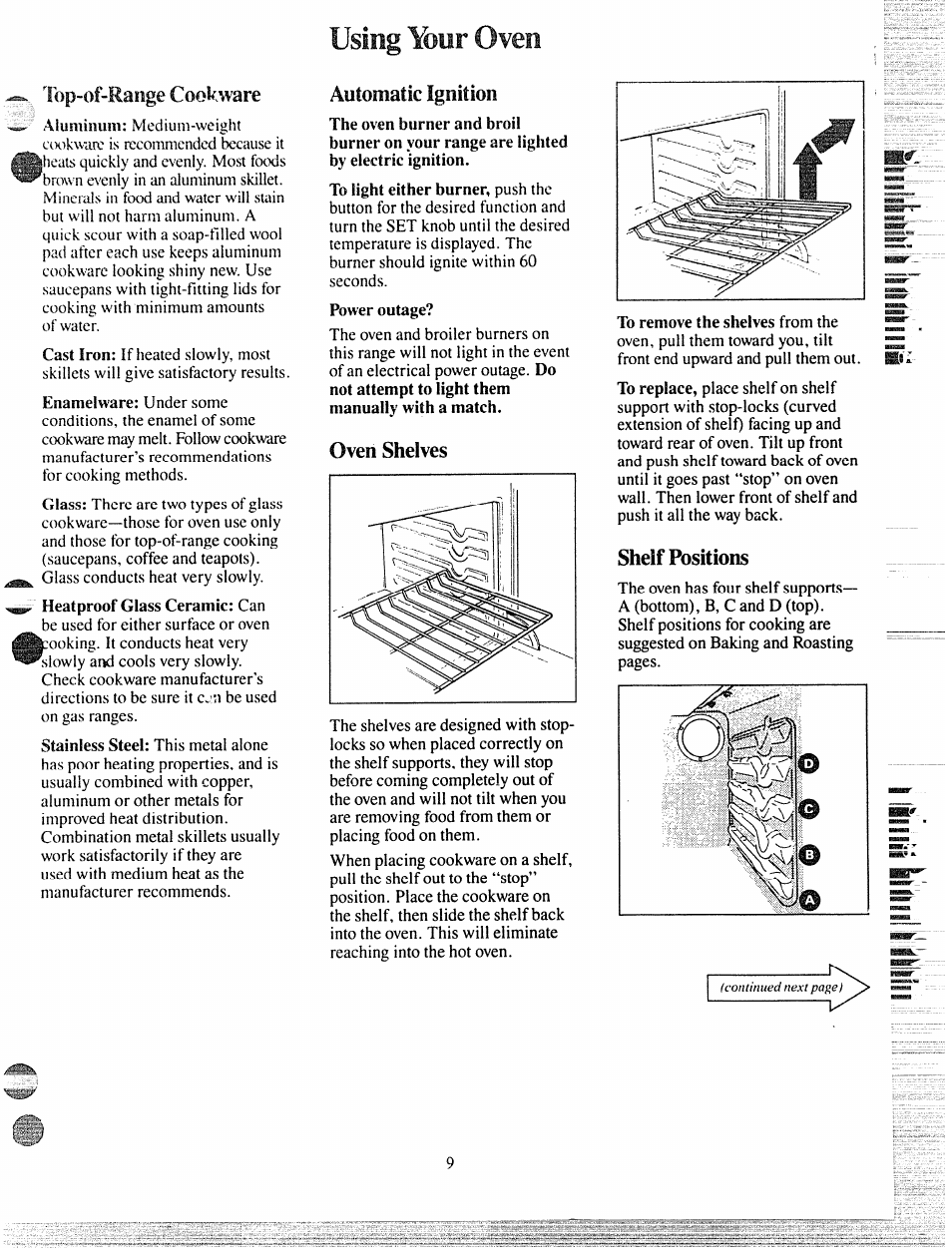 Top-of-range cookware, Automatic ignition, Oven shelves | Shelf positions, Using your oven | GE 49-4992 User Manual | Page 9 / 28