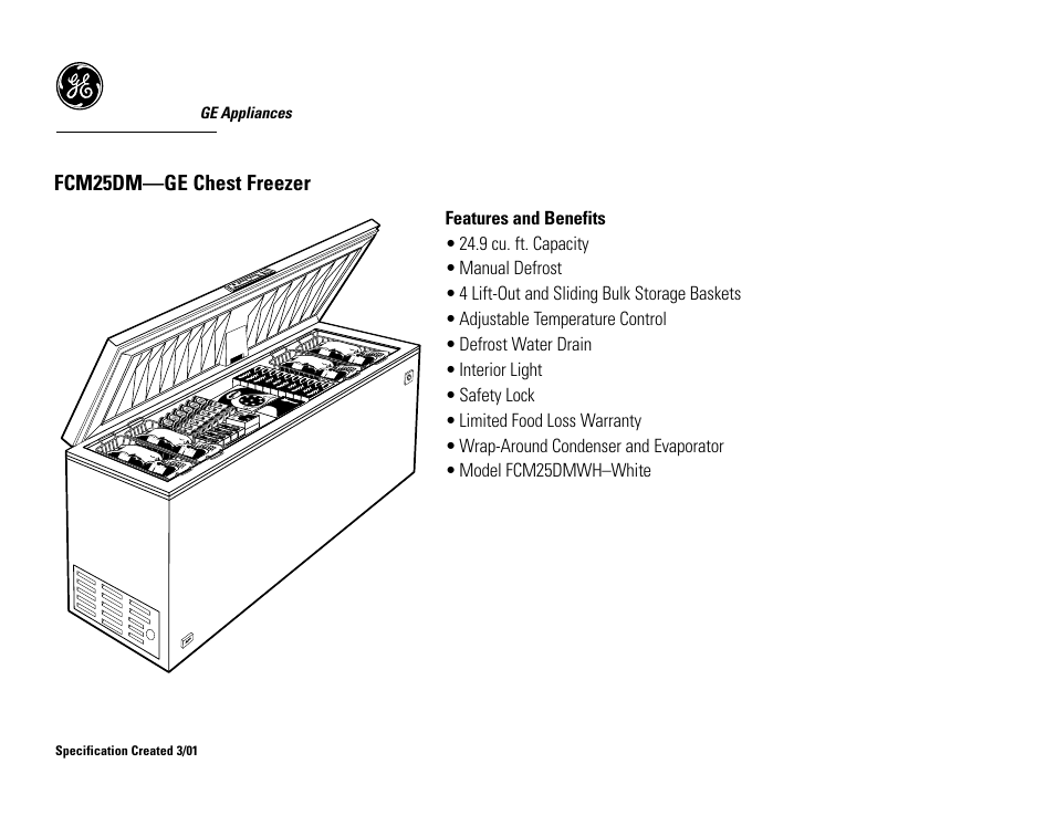 Fcm25dm—ge chest freezer | GE FCM25DMWH User Manual | Page 2 / 2
