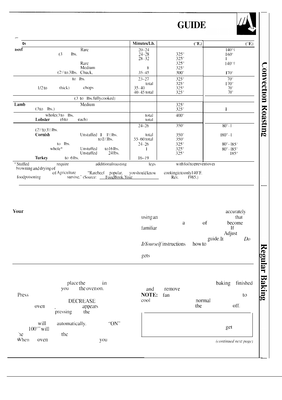 Oven -29, Regular baking 17-19, Convection roasting | Regular baking, How to set your oven for baking | GE 164D2966P126 User Manual | Page 17 / 40