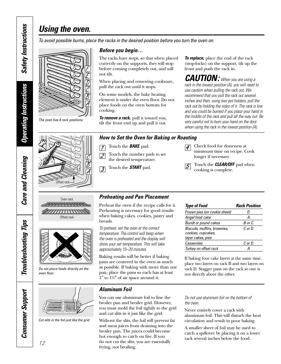 Using the oven, Caution | GE JCB968 User Manual | Page 12 / 48