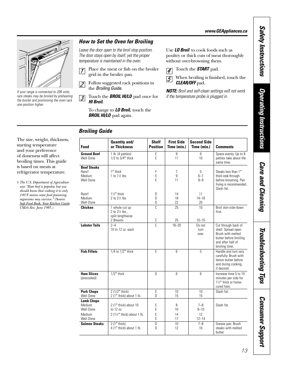 How to set the oven for broiling, Broiling guide | GE JCB968 User Manual | Page 13 / 48