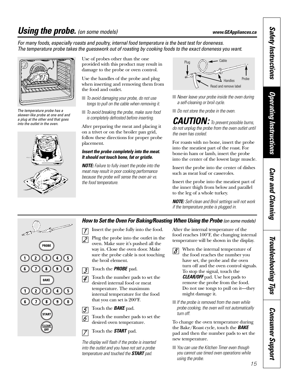 Caution, Using the probe | GE JCB968 User Manual | Page 15 / 48