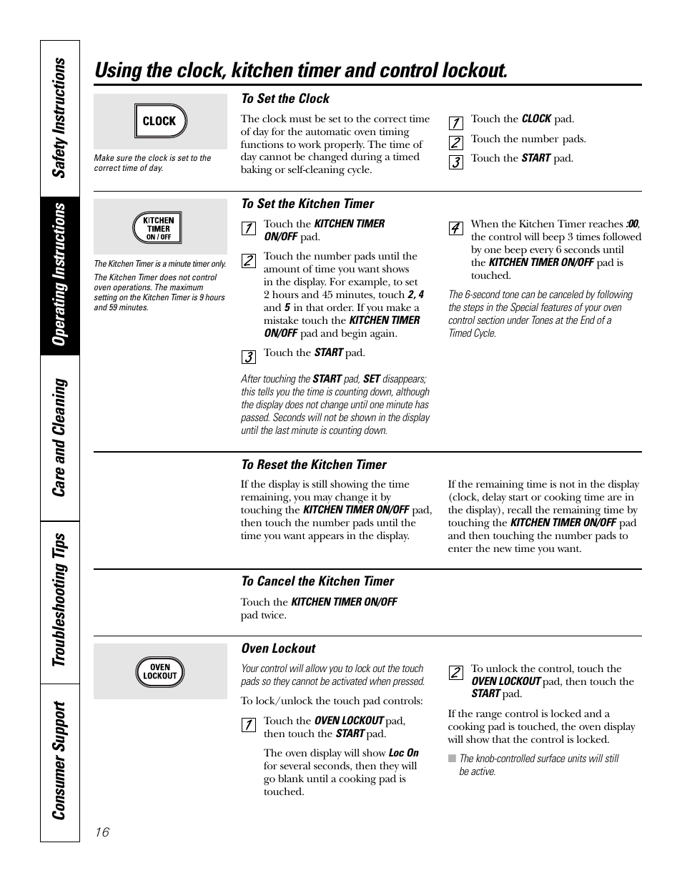 Using the clock, kitchen timer and control lockout | GE JCB968 User Manual | Page 16 / 48