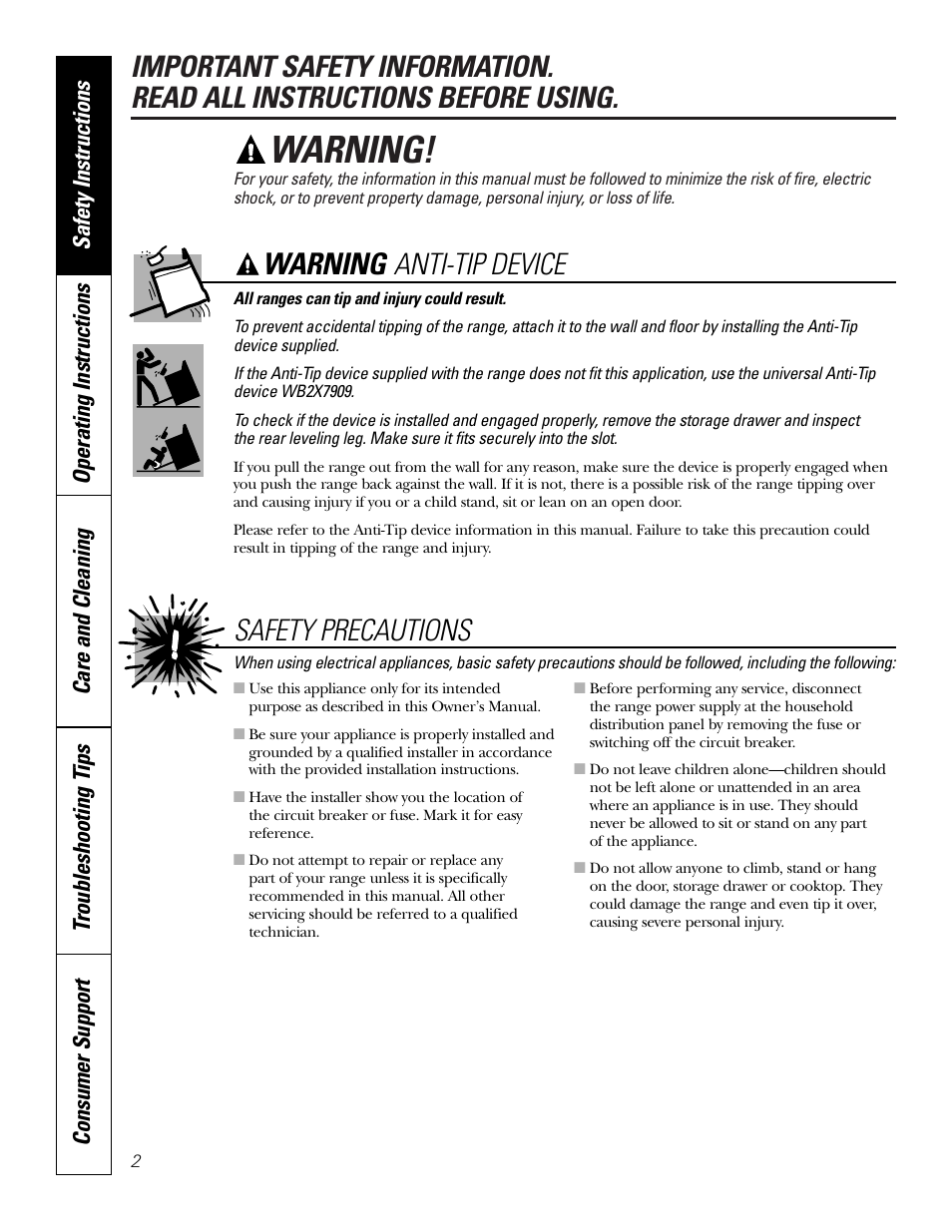 Warning, Anti-tip device, Safety precautions | GE JCB968 User Manual | Page 2 / 48