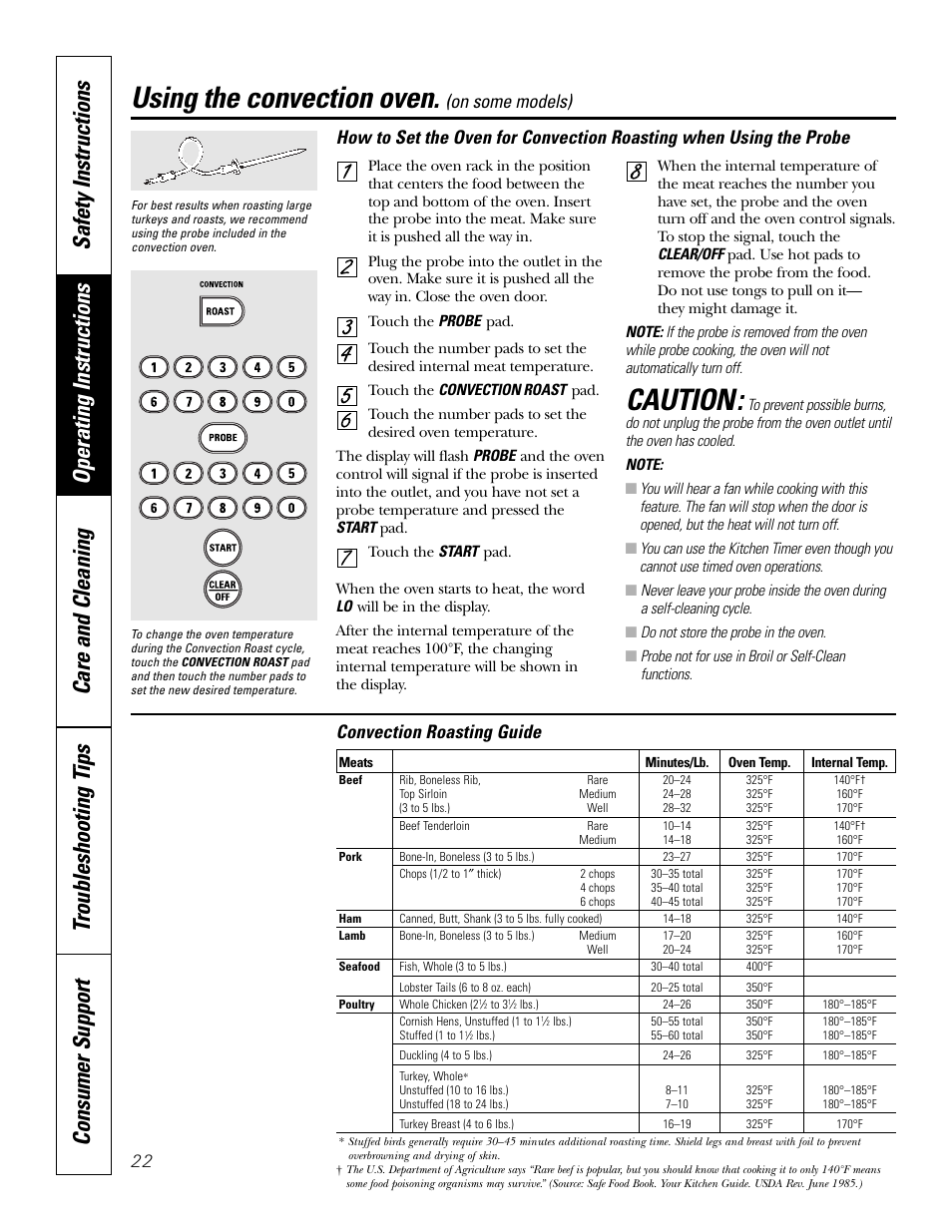 Using the convection oven, Caution, Convection roasting guide | GE JCB968 User Manual | Page 22 / 48