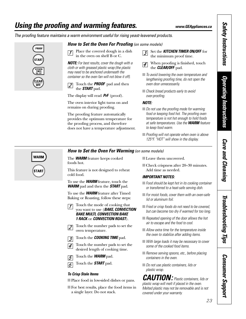 Using the proofing and warming features, Caution | GE JCB968 User Manual | Page 23 / 48