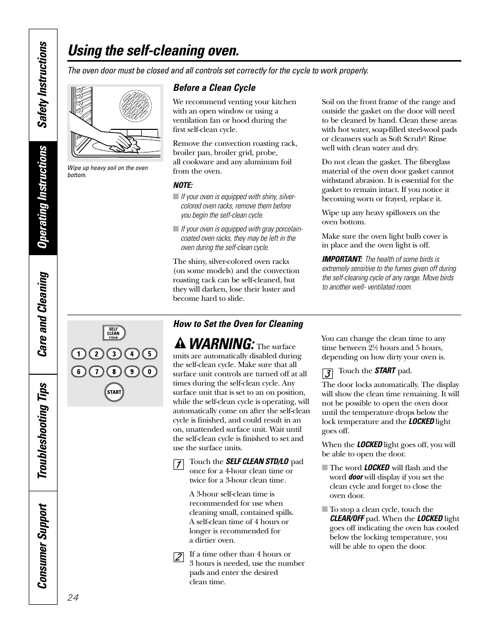 Using the self-cleaning oven, Warning | GE JCB968 User Manual | Page 24 / 48