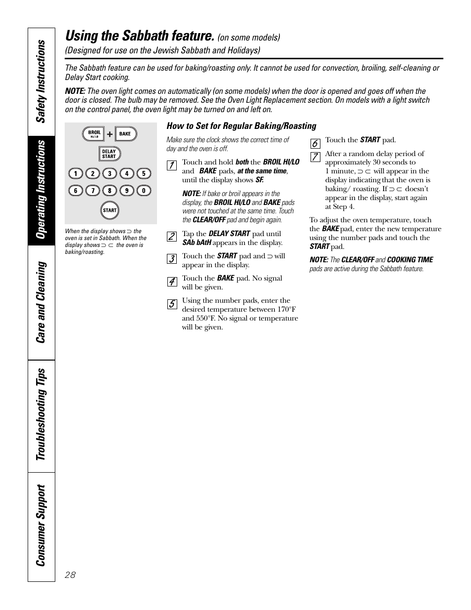 Using the sabbath feature | GE JCB968 User Manual | Page 28 / 48