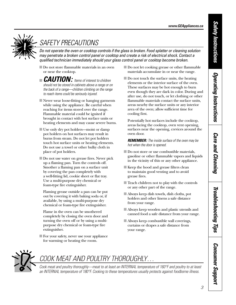 Cook meat and poultry thoroughly, Caution, Safety precautions | GE JCB968 User Manual | Page 3 / 48