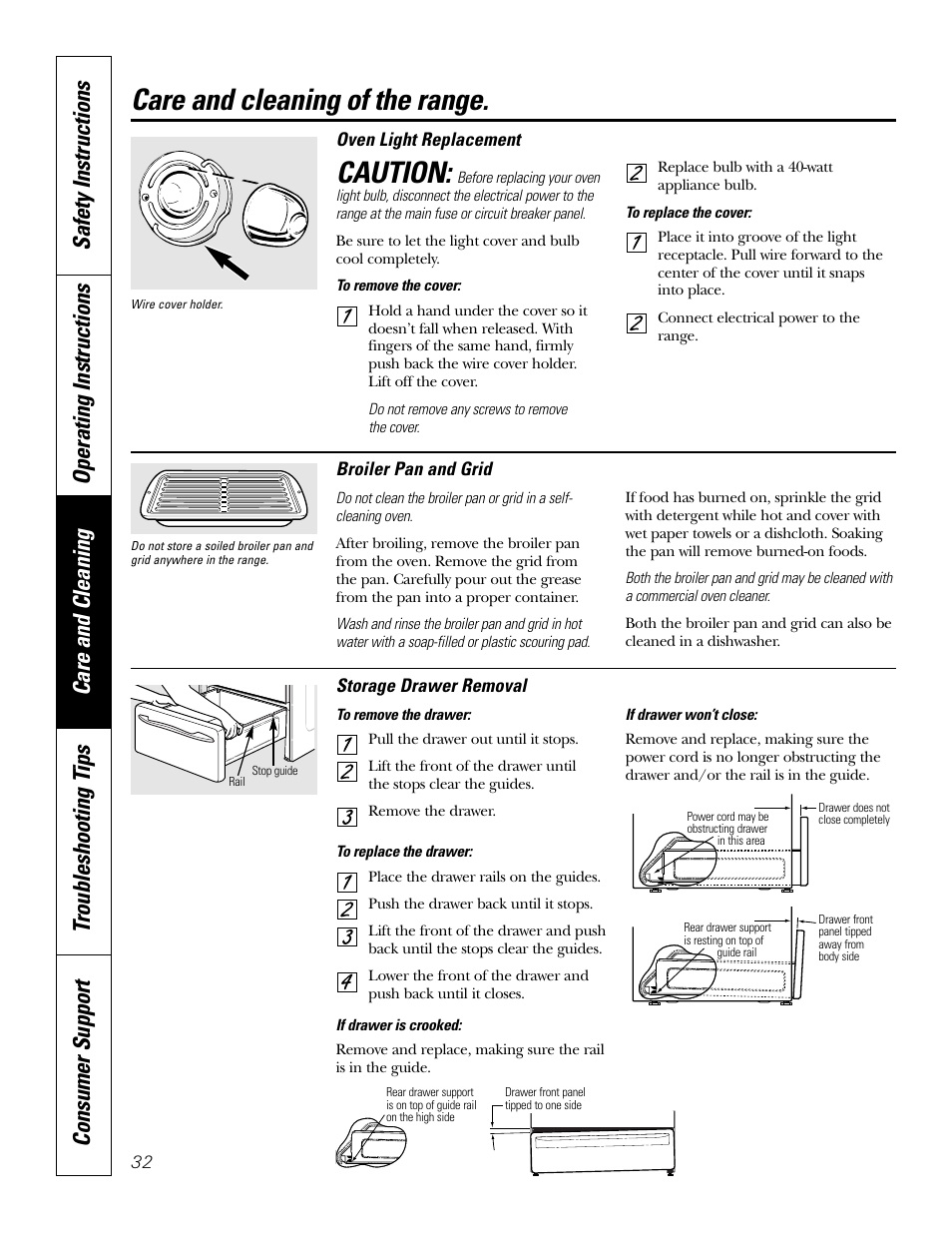 Care and cleaning of the range, Caution | GE JCB968 User Manual | Page 32 / 48