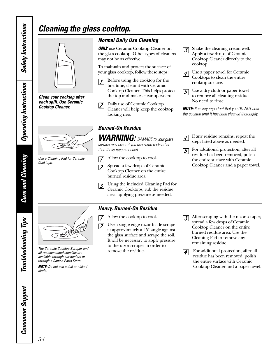 Warning, Cleaning the glass cooktop | GE JCB968 User Manual | Page 34 / 48