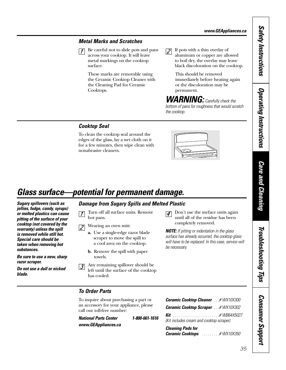 Warning, Glass surface—potential for permanent damage | GE JCB968 User Manual | Page 35 / 48