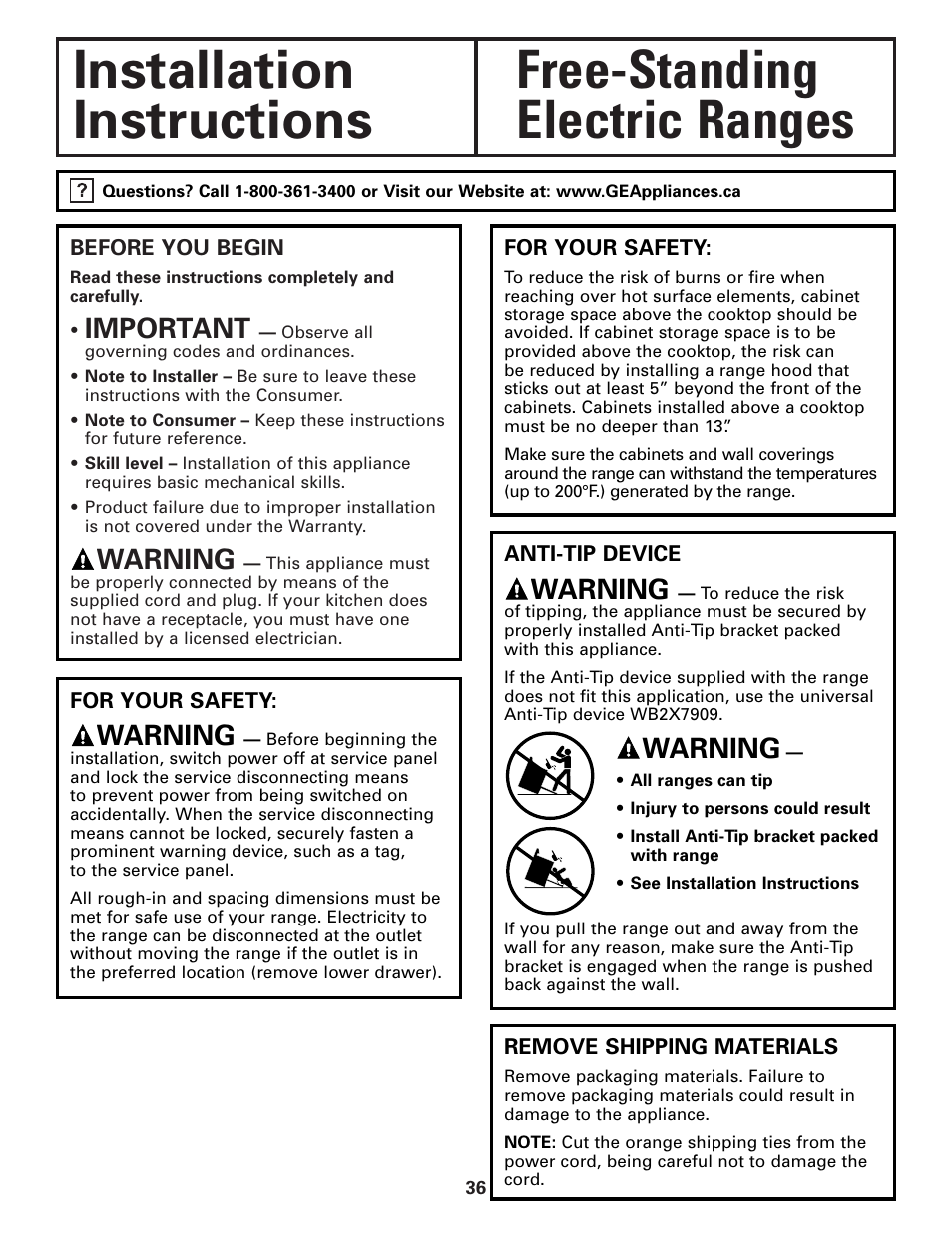 Important, Warning | GE JCB968 User Manual | Page 36 / 48