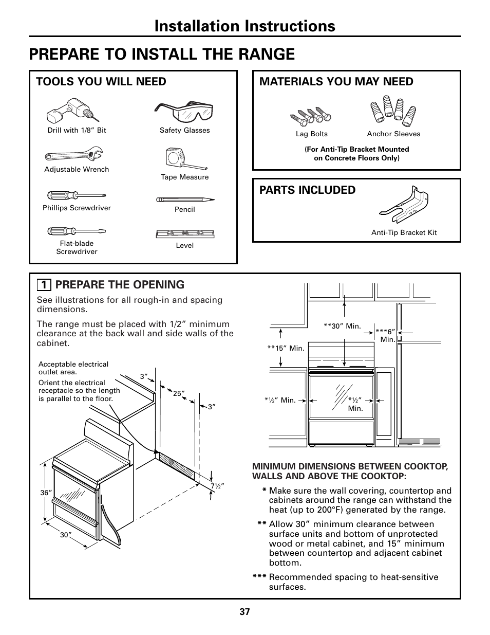 Prepare the opening, 1tools you will need, Materials you may need | Parts included | GE JCB968 User Manual | Page 37 / 48