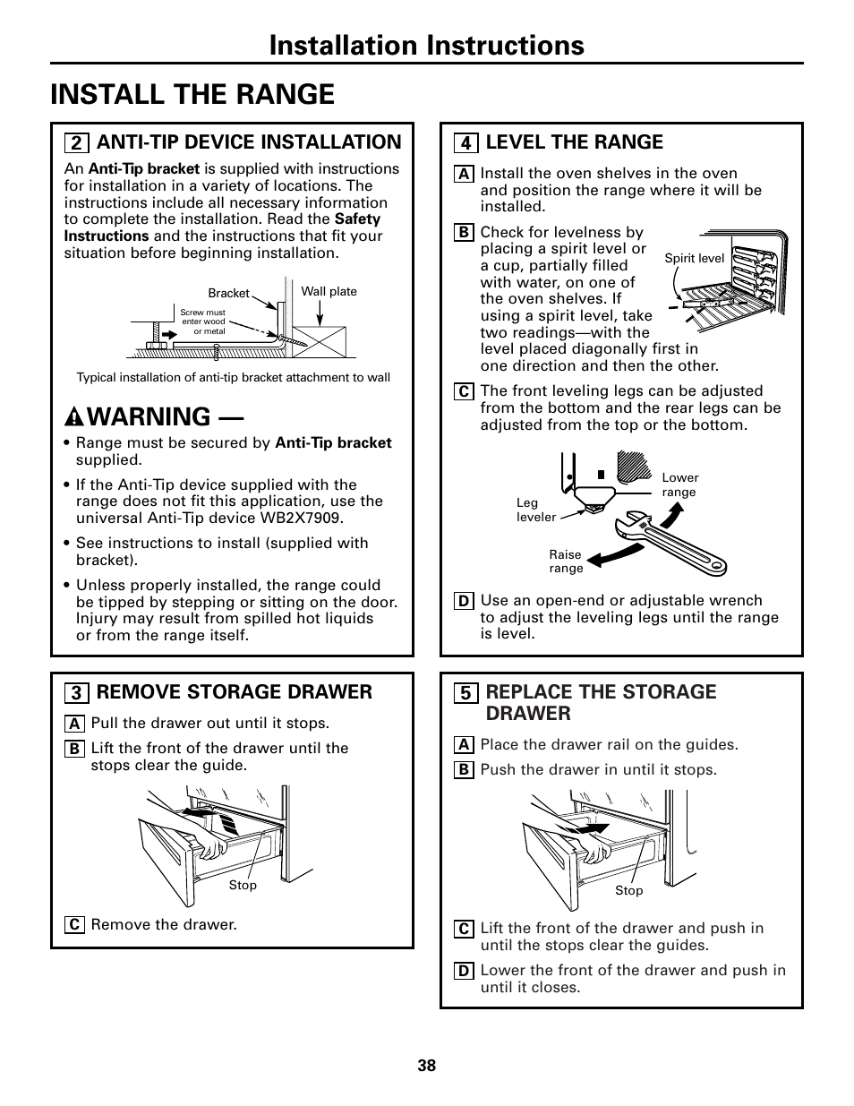 Installation instructions install the range, Warning, Replace the storage drawer | 5remove storage drawer, 3anti-tip device installation, Level the range | GE JCB968 User Manual | Page 38 / 48