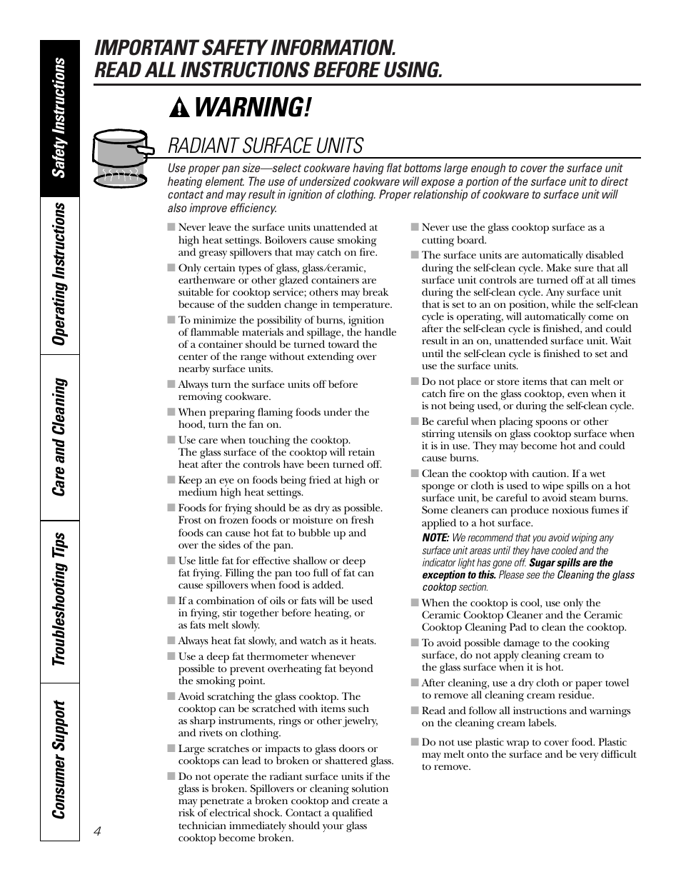 Warning, Radiant surface units | GE JCB968 User Manual | Page 4 / 48