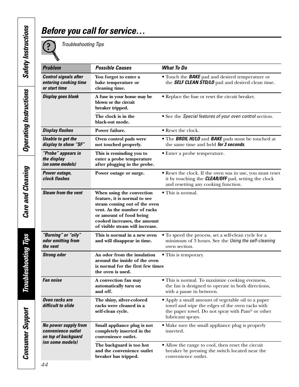 Before you call for service | GE JCB968 User Manual | Page 44 / 48