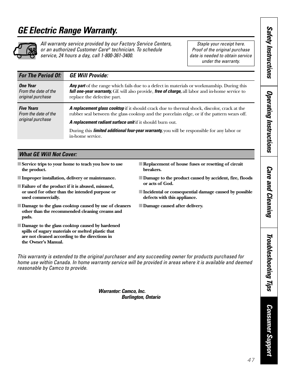 Ge electric range warranty | GE JCB968 User Manual | Page 47 / 48