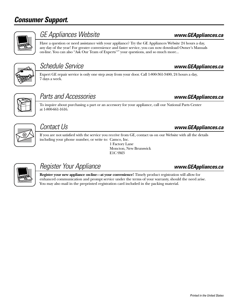 Ge appliances website, Schedule service, Parts and accessories | Contact us, Register your appliance, Consumer support | GE JCB968 User Manual | Page 48 / 48