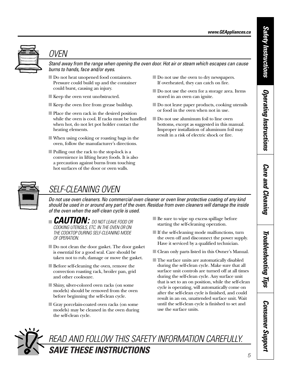 Save these instructions, Read and follow this safety information carefully, Caution | Self-cleaning oven, Oven | GE JCB968 User Manual | Page 5 / 48