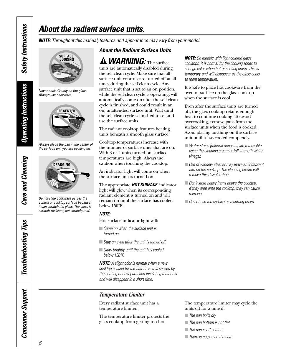 About the radiant surface units, Warning | GE JCB968 User Manual | Page 6 / 48