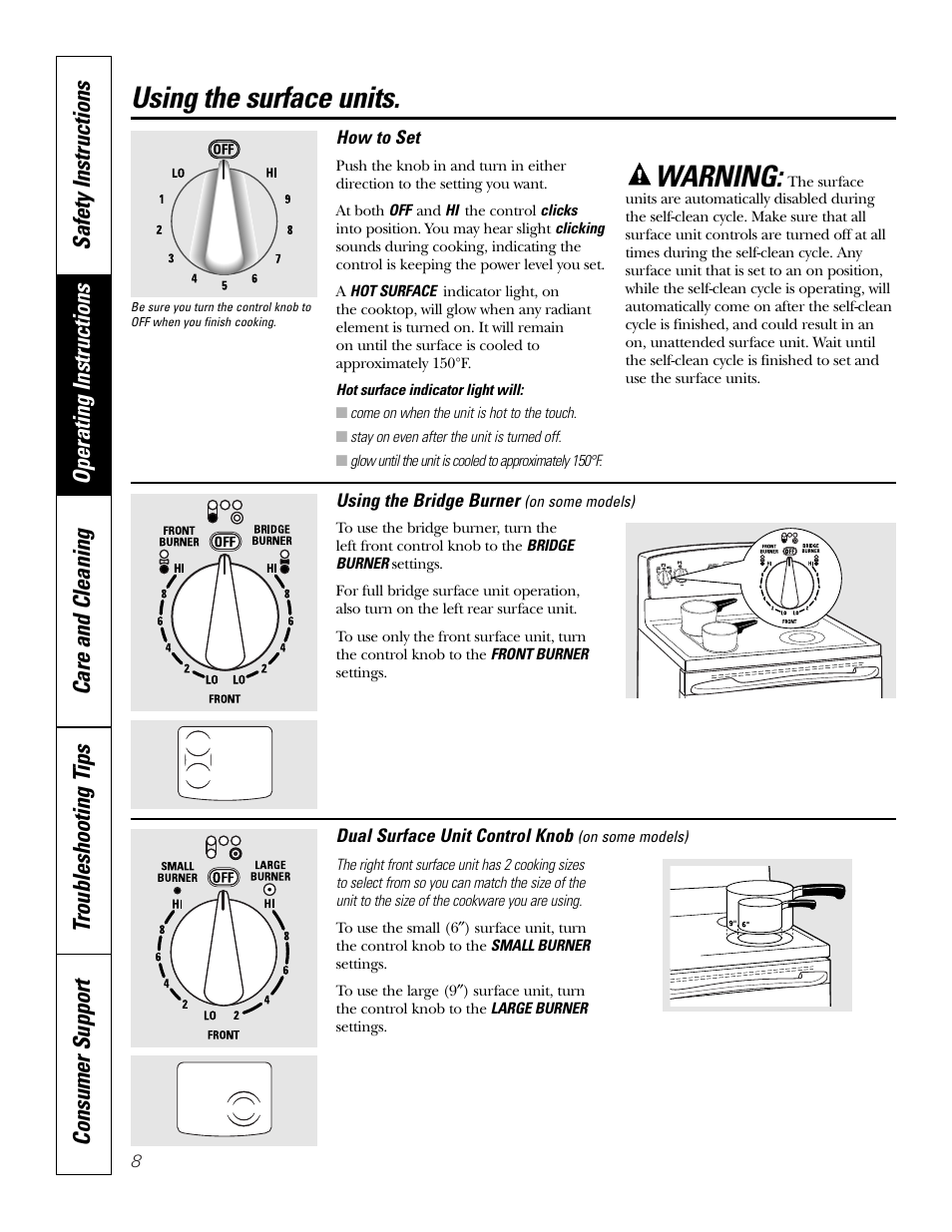 Using the surface units, Warning | GE JCB968 User Manual | Page 8 / 48