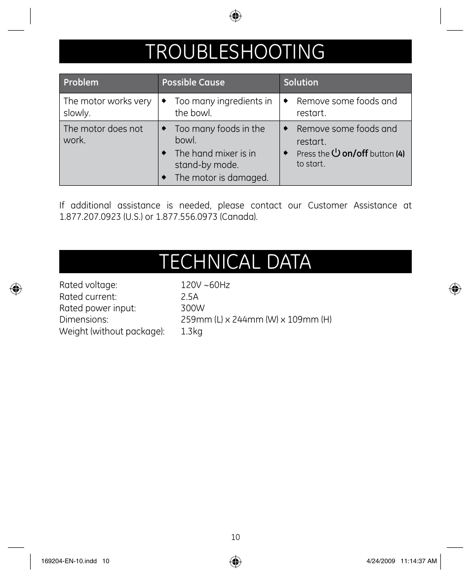 Troubleshooting, Technical data | GE 681131692045 User Manual | Page 10 / 11