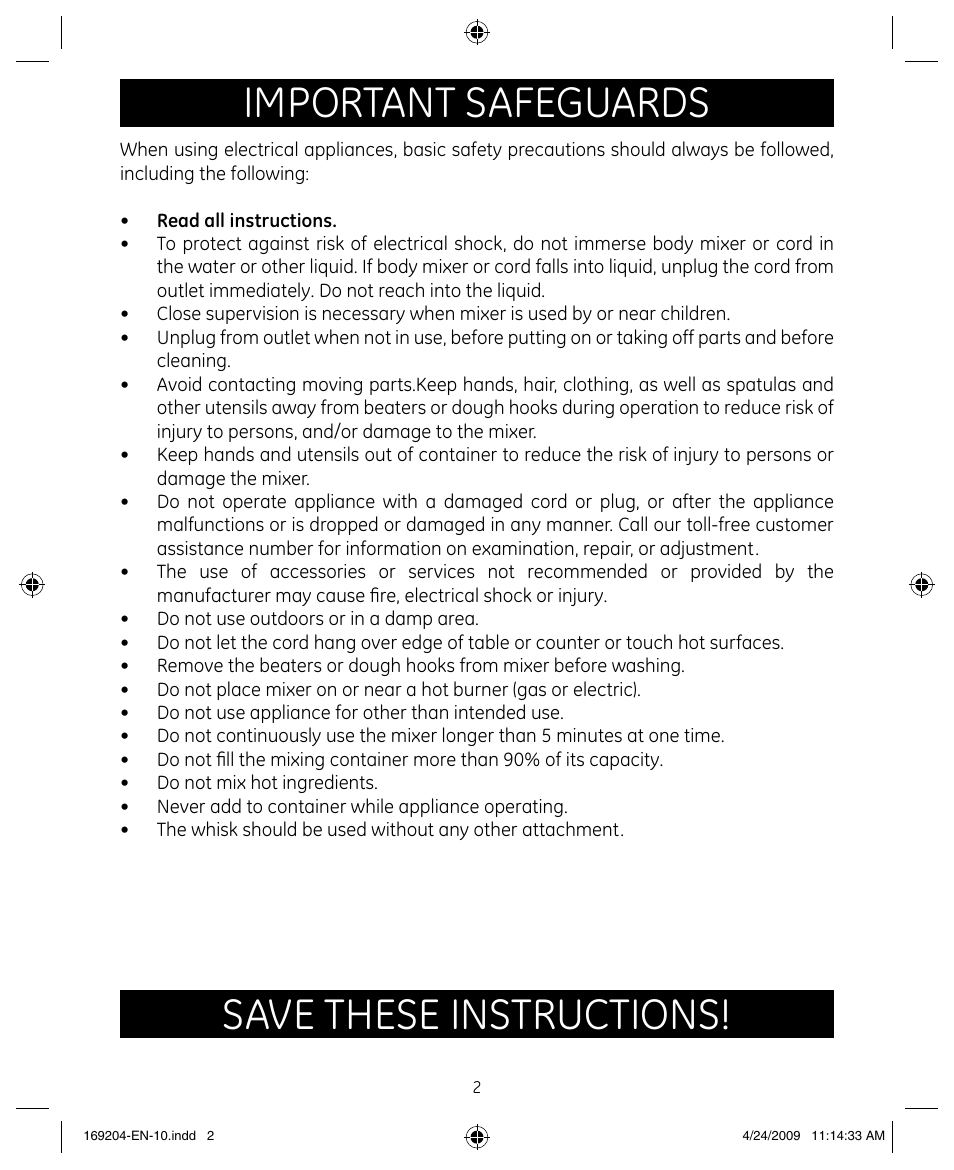 Important safeguards, Save these instructions | GE 681131692045 User Manual | Page 2 / 11