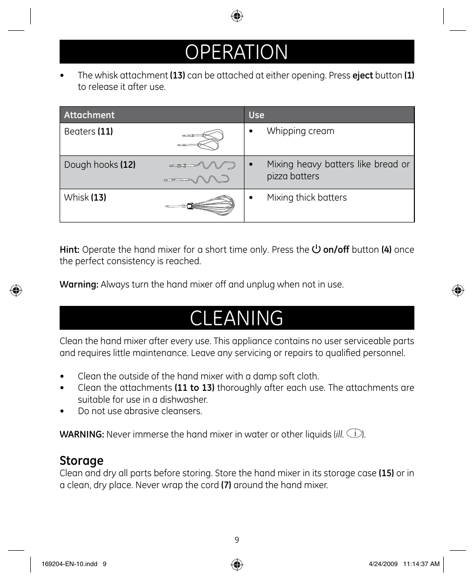 Operation, Cleaning, Storage | GE 681131692045 User Manual | Page 9 / 11
