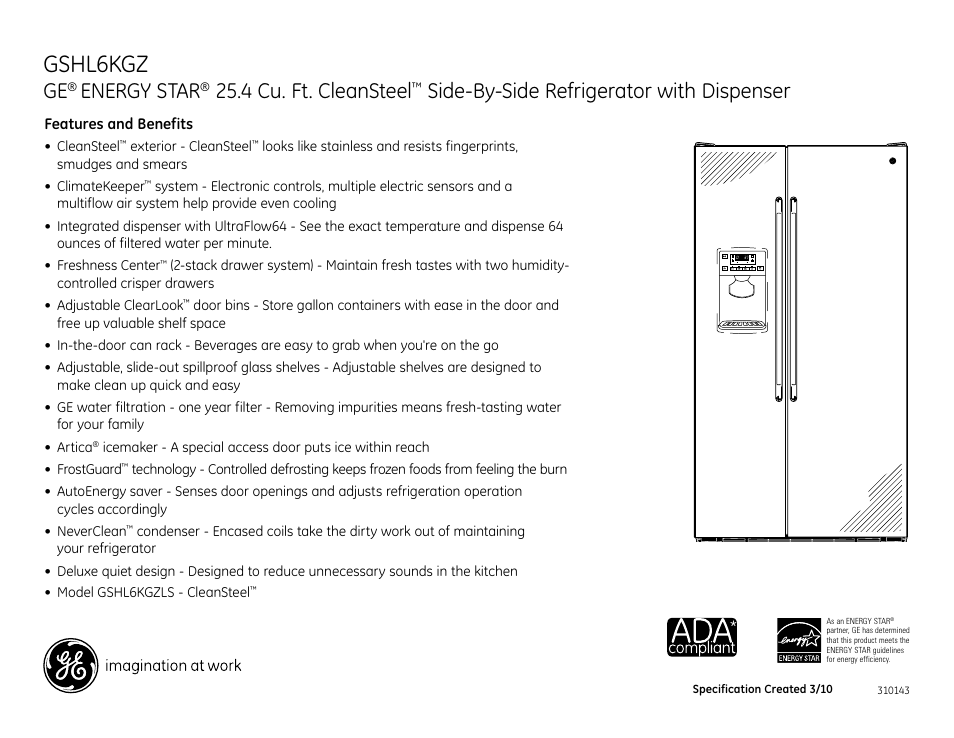 Gshl6kgz, Energy star, 4 cu. ft. cleansteel | Side-by-side refrigerator with dispenser | GE Energy Star GSHL6KGZ User Manual | Page 2 / 2