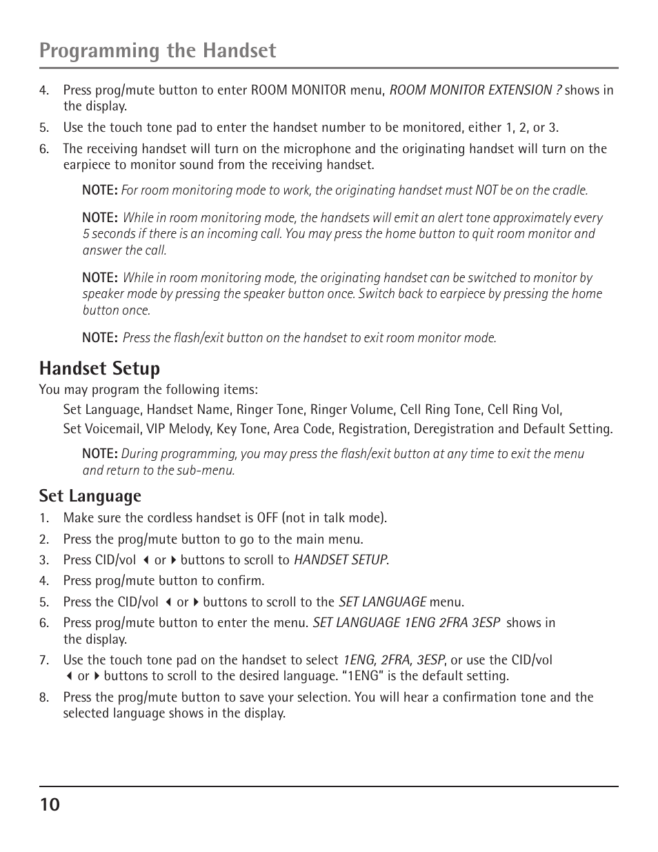 Programming the handset, Handset setup, Set language | GE 23200 User Manual | Page 10 / 48