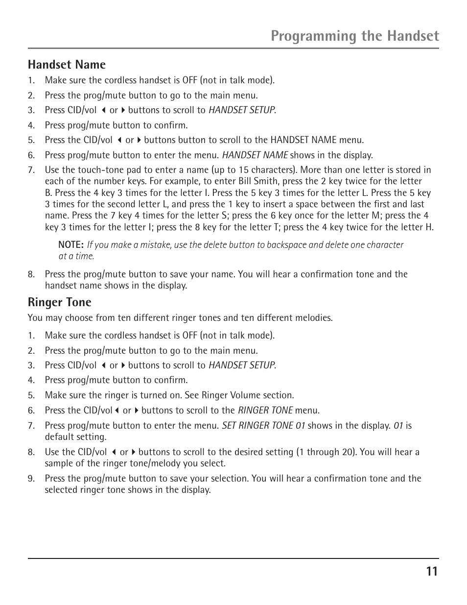 Programming the handset, Handset name, Ringer tone | GE 23200 User Manual | Page 11 / 48