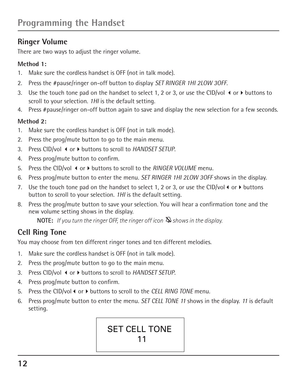 Programming the handset, Set cell tone 11 | GE 23200 User Manual | Page 12 / 48
