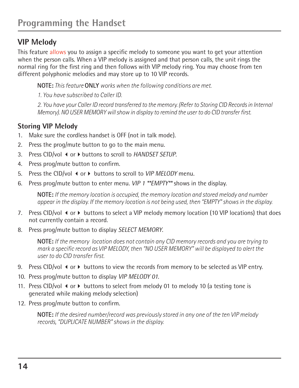 Programming the handset, Vip melody | GE 23200 User Manual | Page 14 / 48